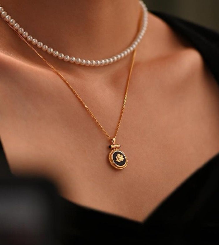 14K Gold Necklace with Black Obsidian Rose Pendant