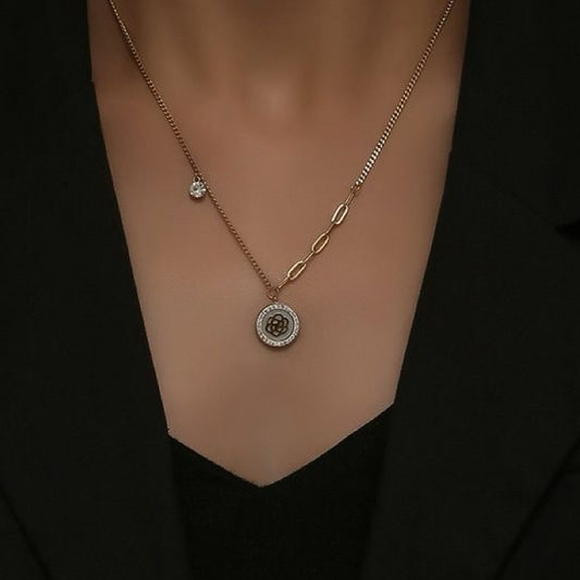 14K Gold Necklace with Mother of Pearl Camellia Pendant 