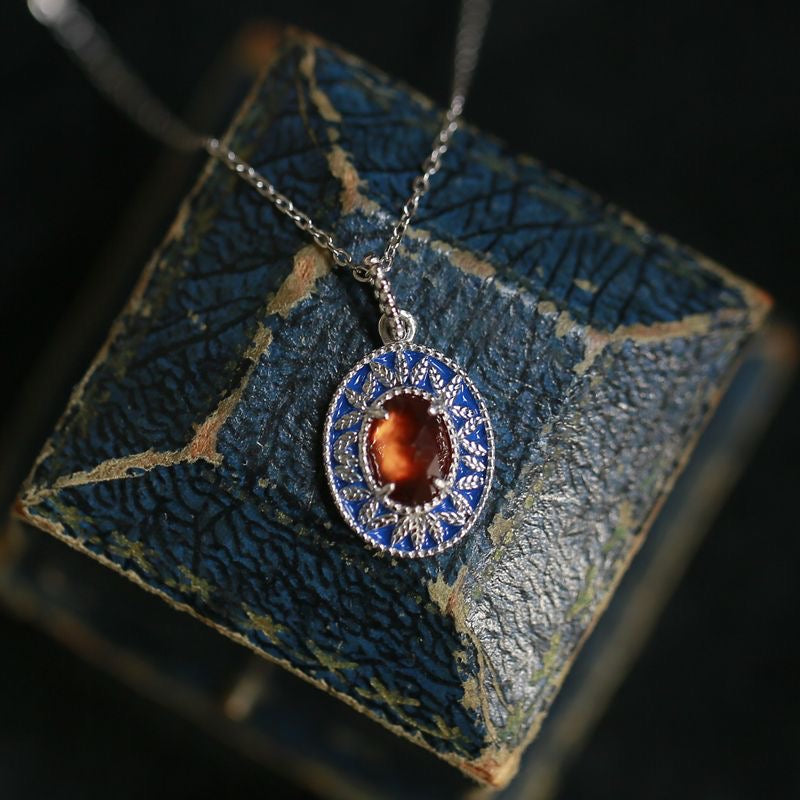Silver Orange Quartz Fanta Stone Pendant Necklace 