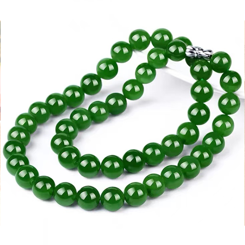  Genuine High-quality Apple Green Nephrite Jade Round Beads Necklace