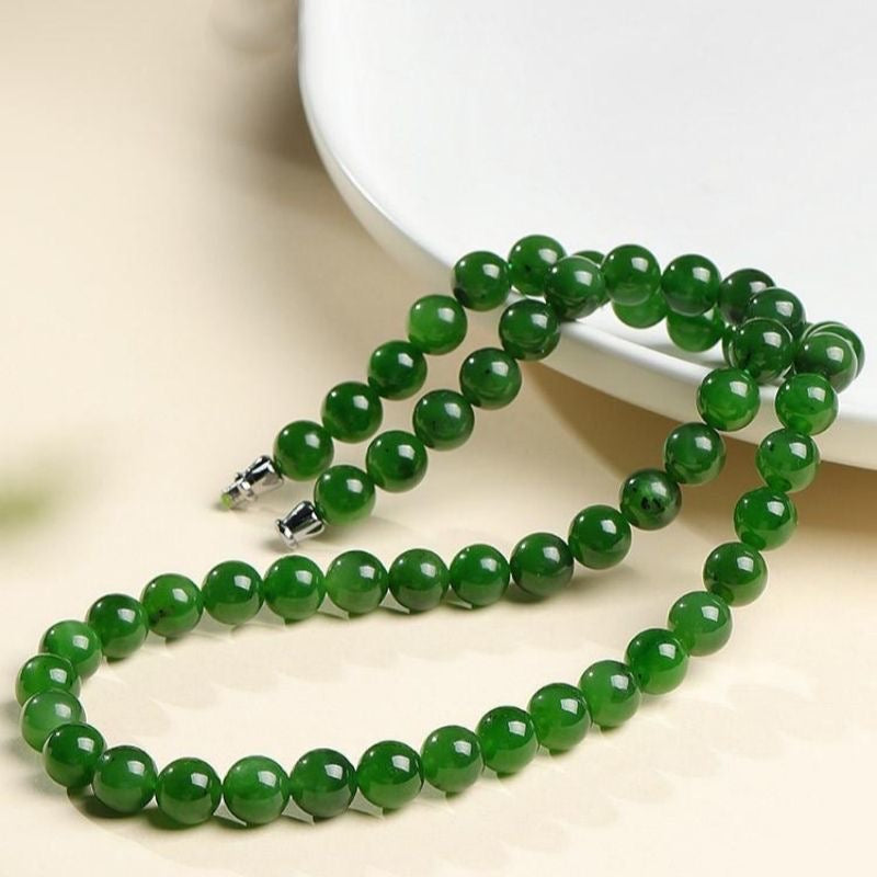  Genuine High-quality Apple Green Nephrite Jade Round Beads Necklace