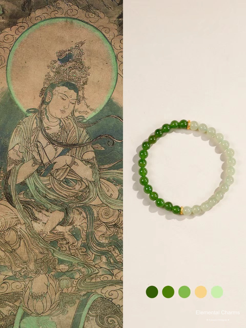 Calming Green Jade Yin-Yang Bead Bracelet with Dunhuang-Inspired Tibetan Buddha Protection