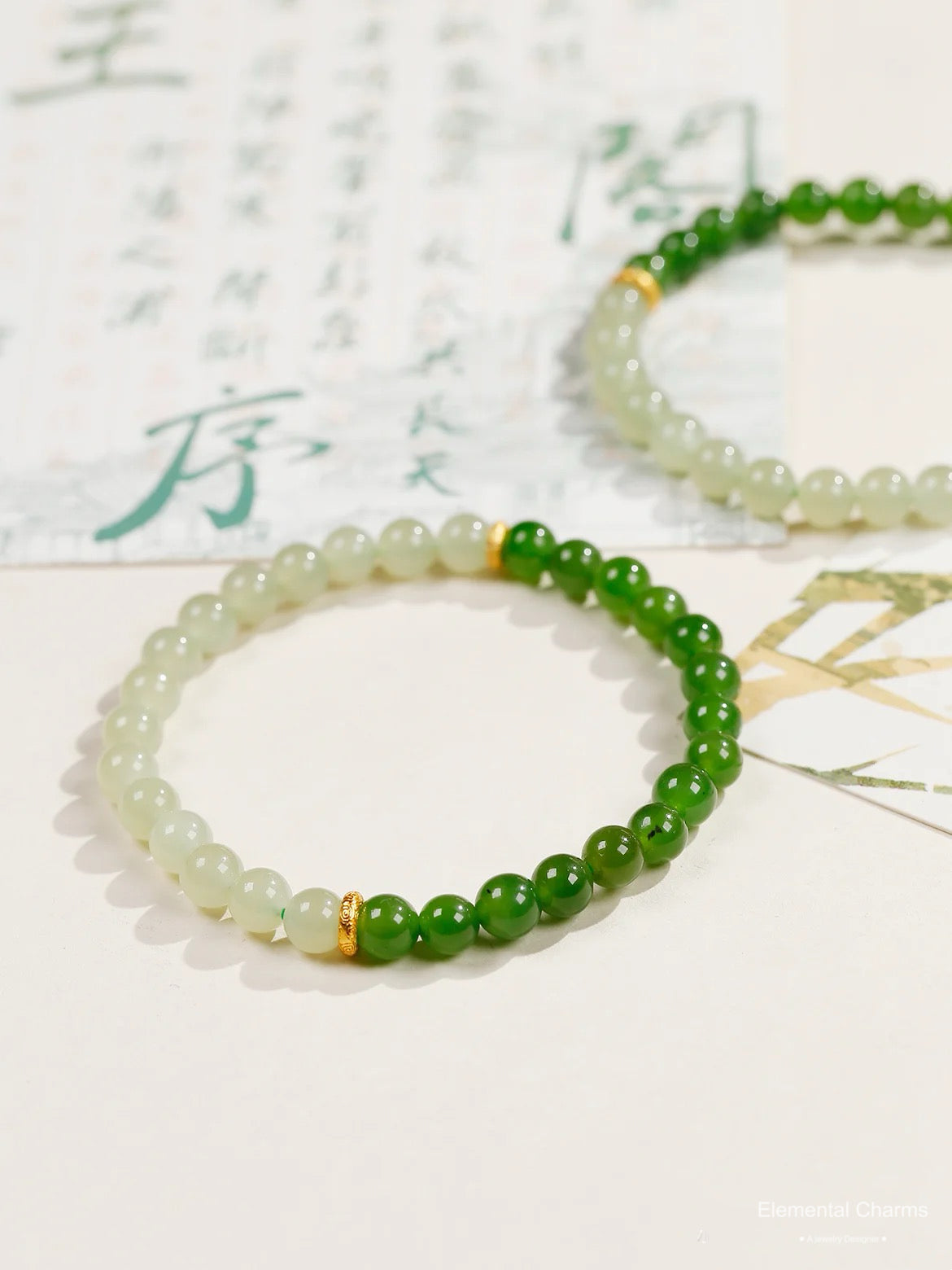 Calming Green Jade Yin-Yang Bead Bracelet with Dunhuang-Inspired Tibetan Buddha Protection