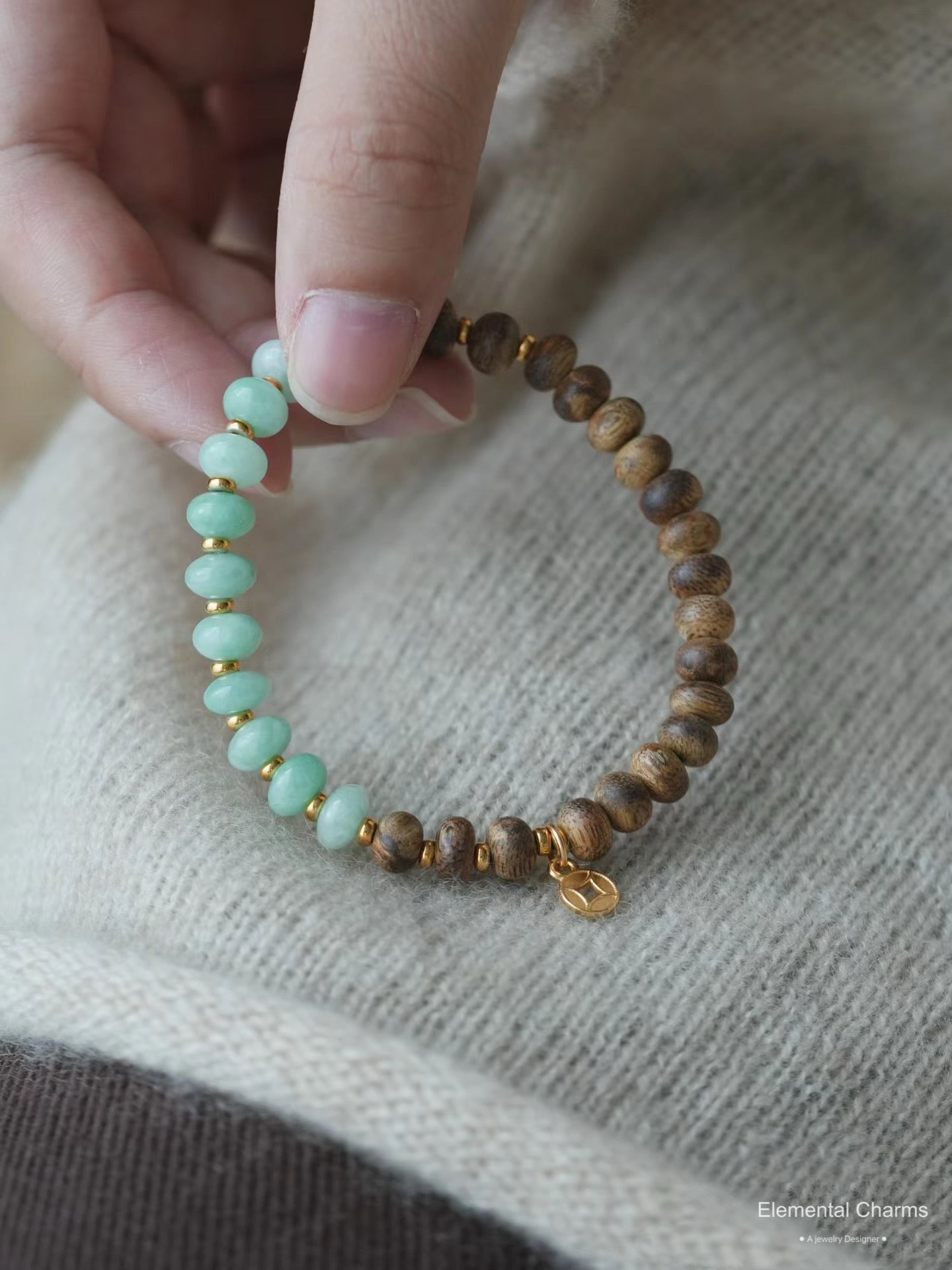 Sandalwood and Green Jade Beaded Bracelet - anti anxiety