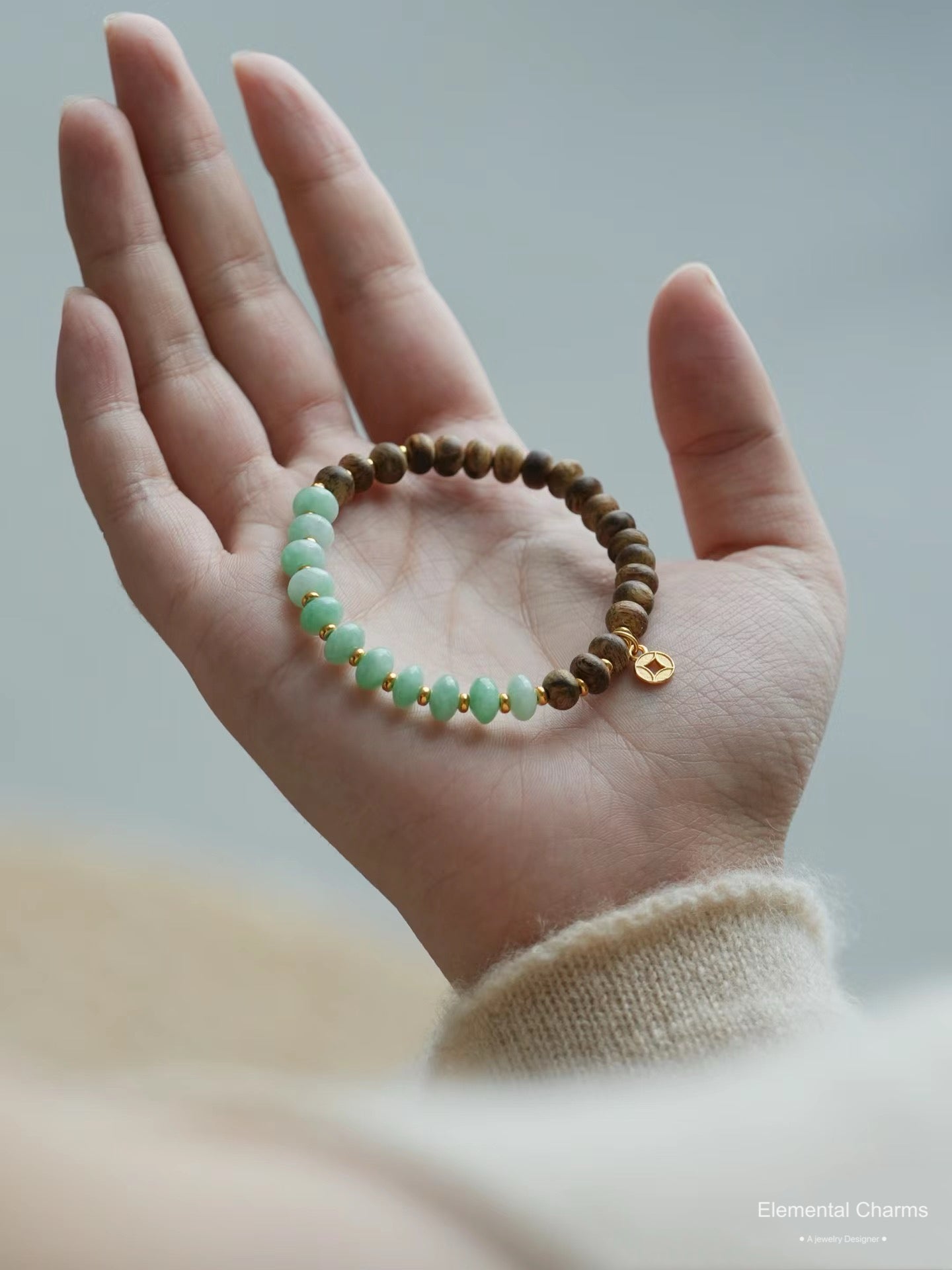 Sandalwood and Green Jade Beaded Bracelet - anti anxiety