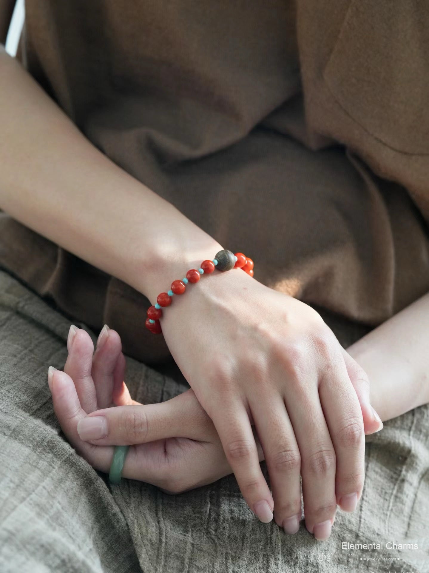 Carnelian Gloss Natural Gemstone Bracelet with Red Agate, Turquoise Accents