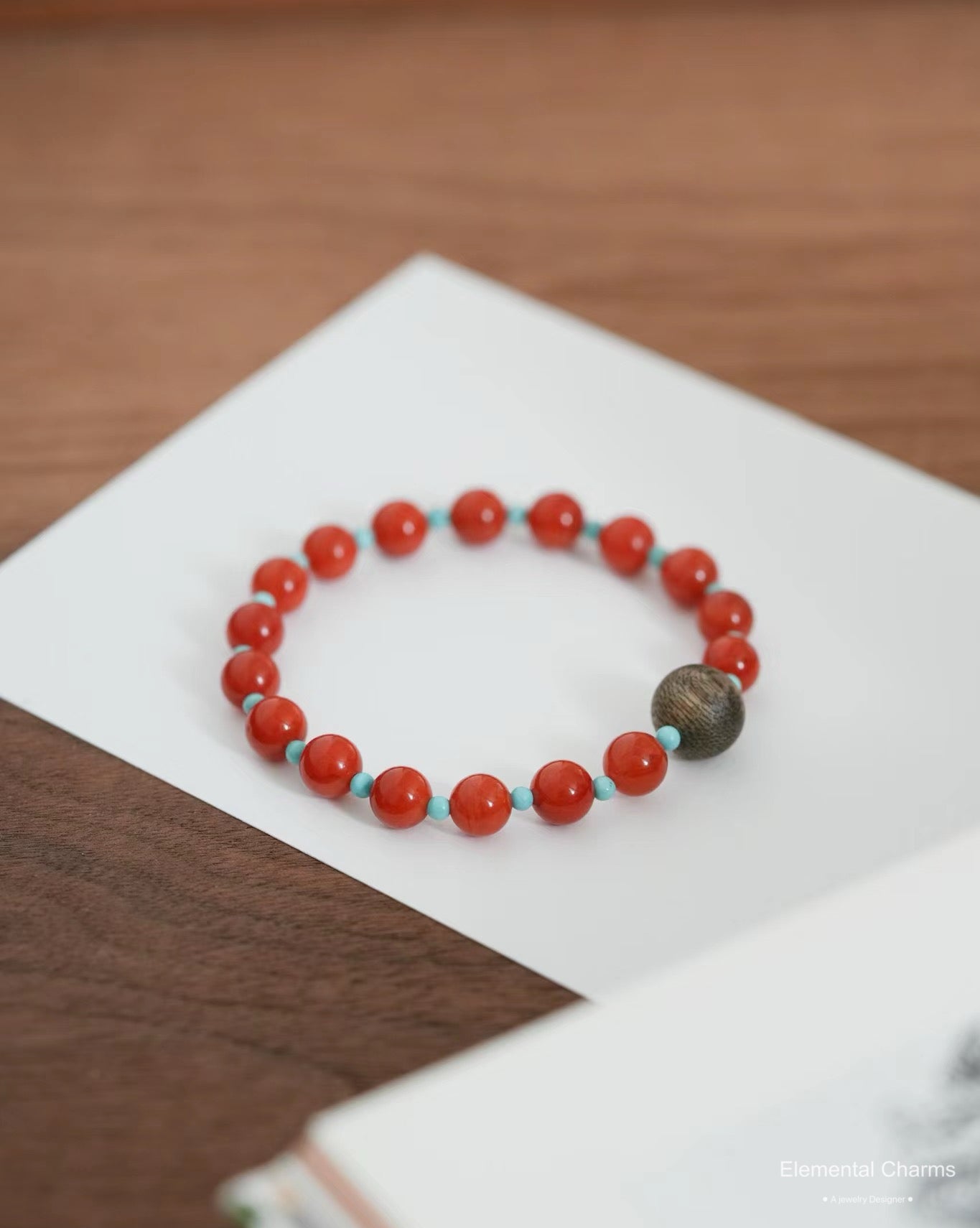 Carnelian Gloss Natural Gemstone Bracelet with Red Agate, Turquoise Accents