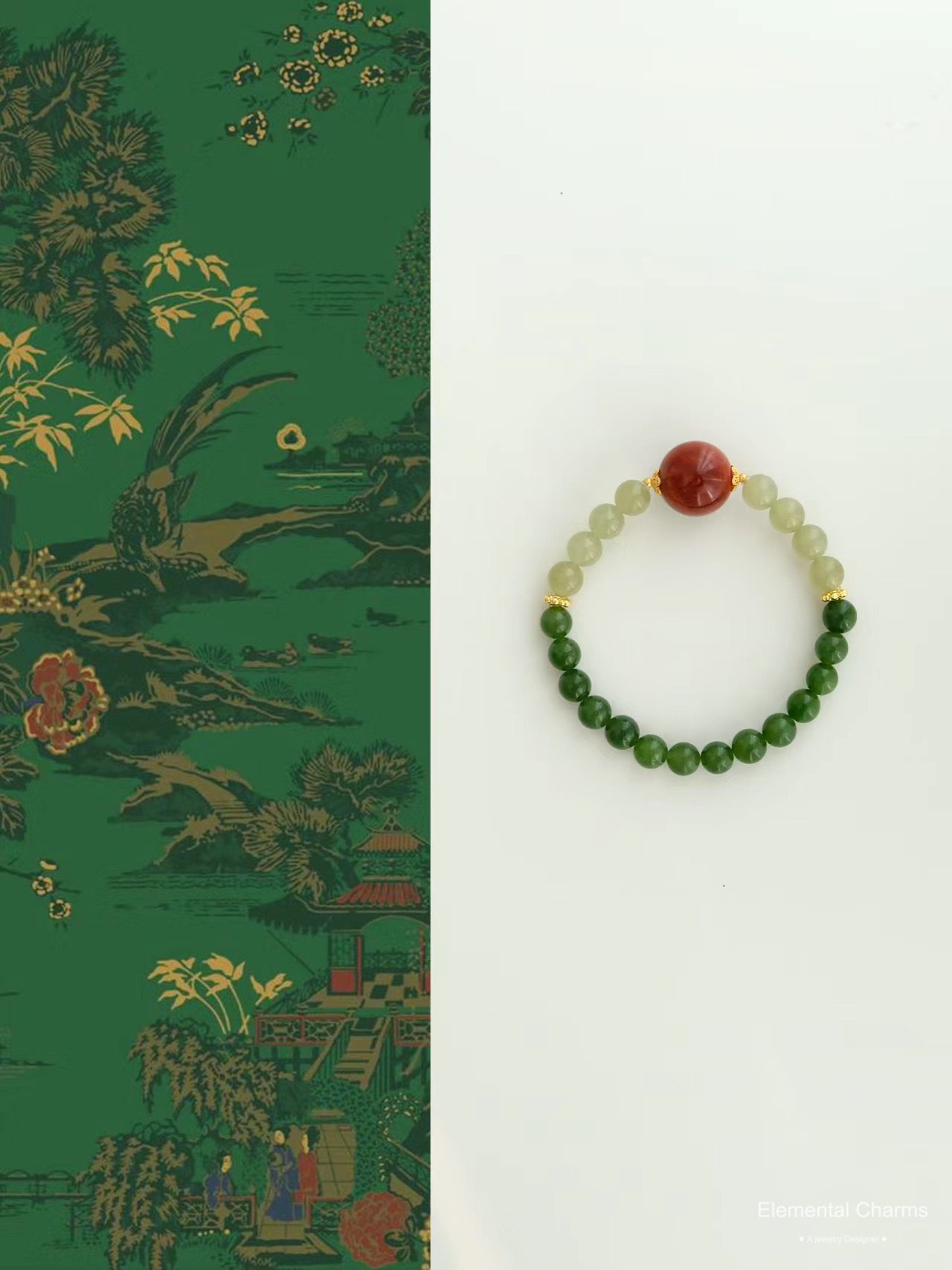 Eastern Dunhuang Cultural Green Jade Beaded Bracelet with Cinnabar Center Stone