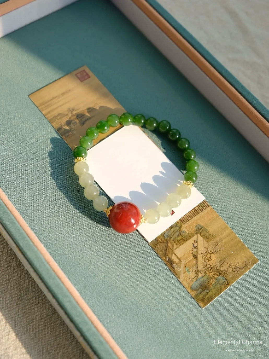 Eastern Dunhuang Cultural Green Jade Beaded Bracelet with Cinnabar Center Stone