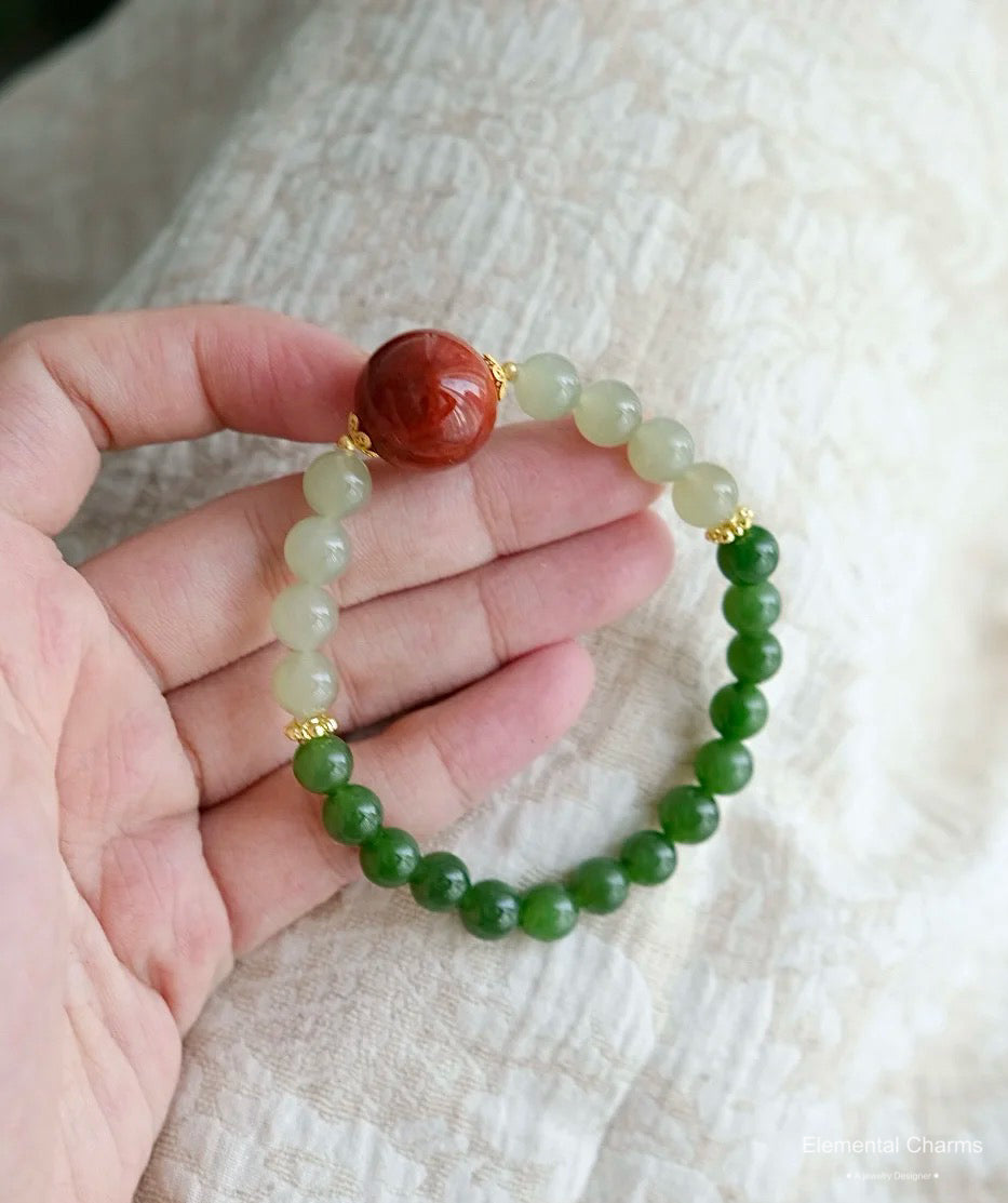 Eastern Dunhuang Cultural Green Jade Beaded Bracelet with Cinnabar Center Stone