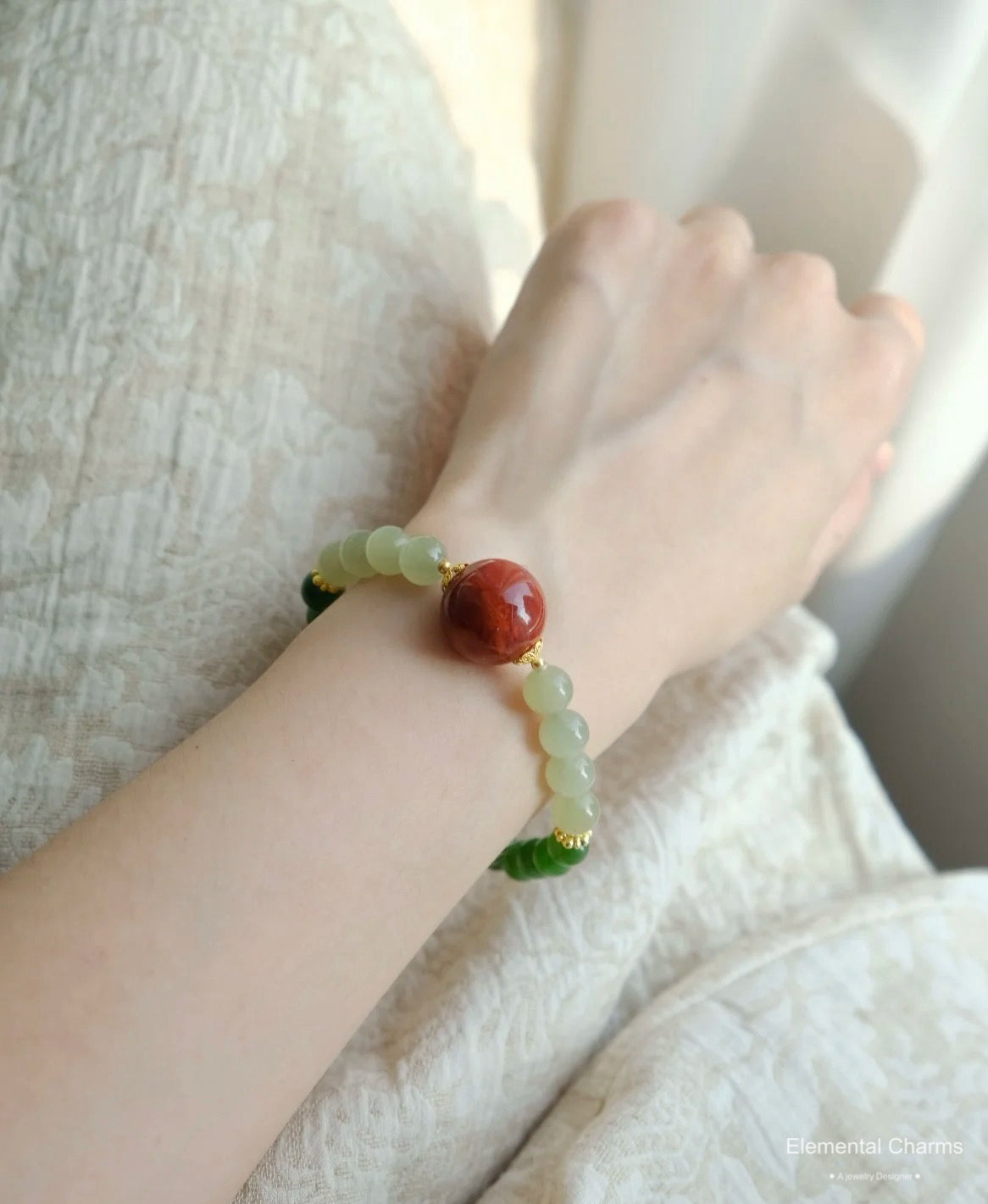 Eastern Dunhuang Cultural Green Jade Beaded Bracelet with Cinnabar Center Stone