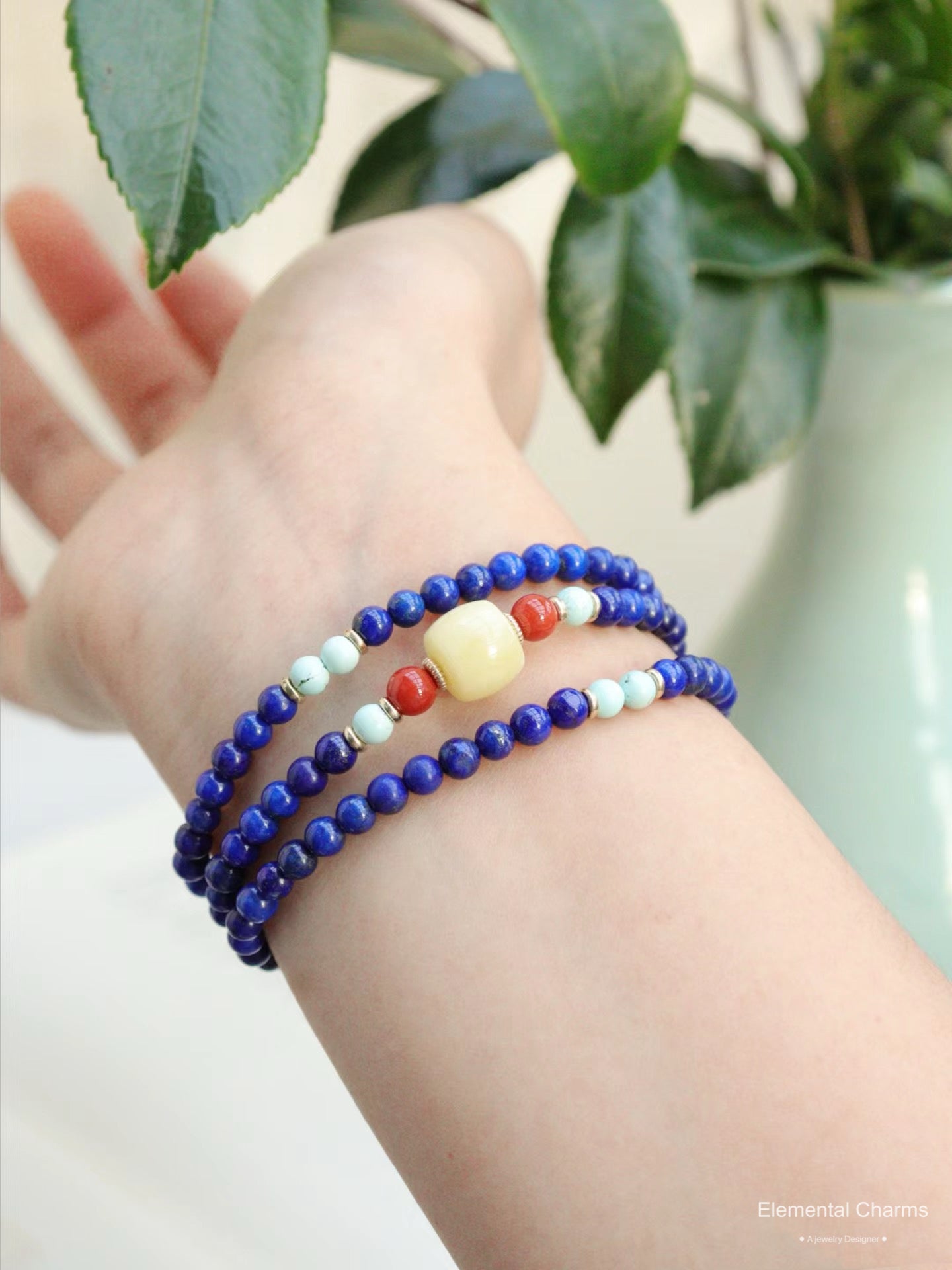 Triple-Wrapped Lapis Lazuli  Beaded Bracelet 