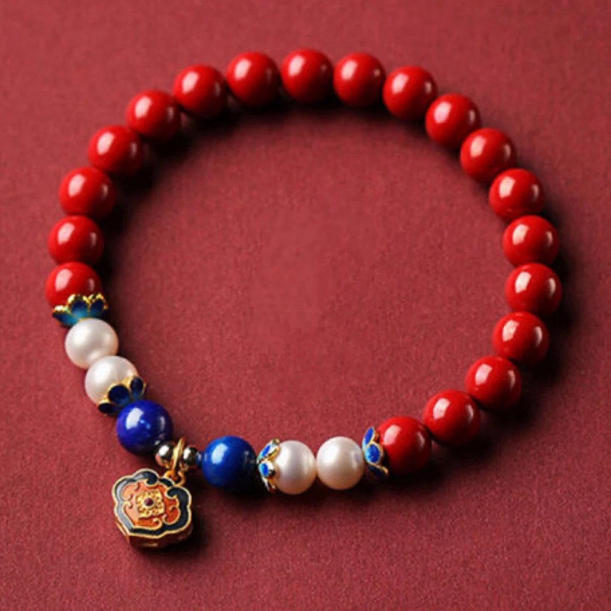 Premium graded cinnabar beads bracelet with Blessings and Prosperity Charm 