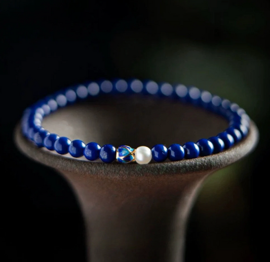 [Water] Lotus Serenity Lapiz Lazuli Pearl gemstone Stretchy bracket - December birthstone bracelet