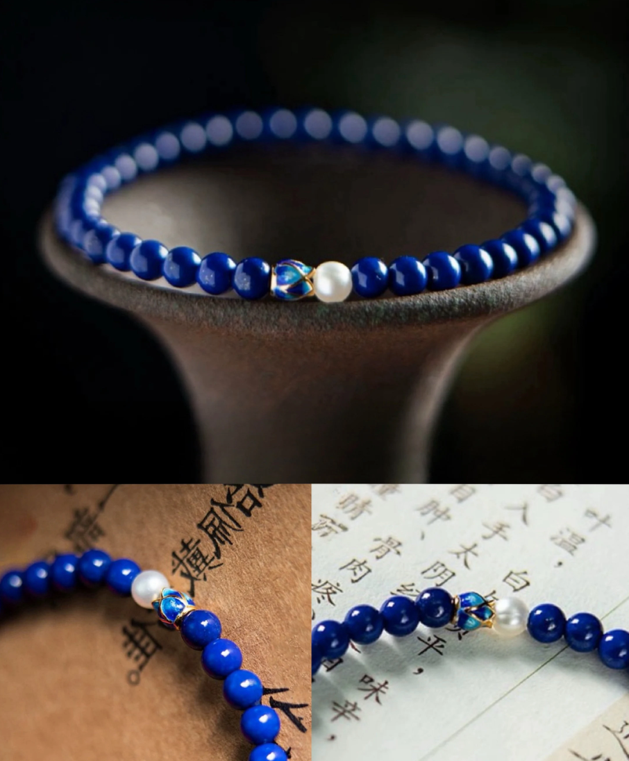 [Water] Lotus Serenity Lapiz Lazuli Pearl gemstone Stretchy bracket - December birthstone bracelet