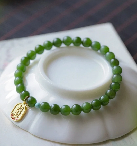 [Wood] Green Forest Jade Gemstone beads Stretchy Bracelet with Wealth Attraction Charm