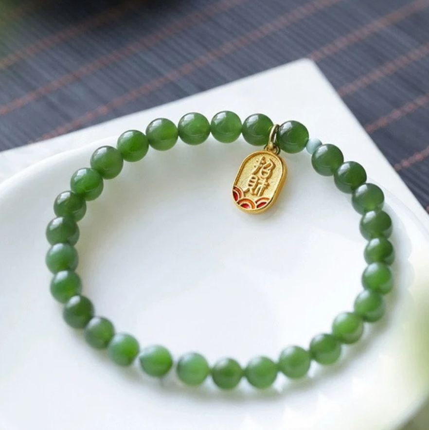 [Wood] Green Forest Jade Gemstone beads Stretchy Bracelet with Wealth Attraction Charm