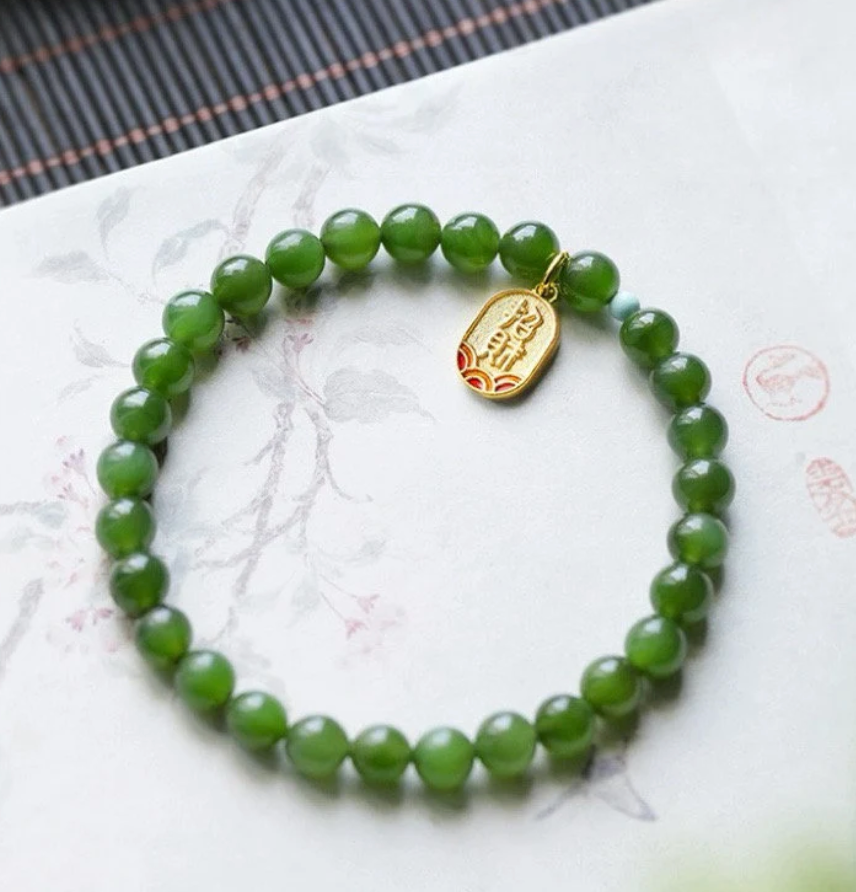 [Wood] Green Forest Jade Gemstone beads Stretchy Bracelet with Wealth Attraction Charm