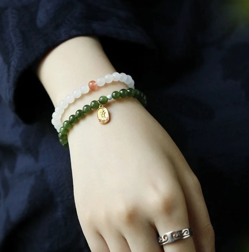 [Wood] Green Forest Jade Gemstone beads Stretchy Bracelet with Wealth Attraction Charm