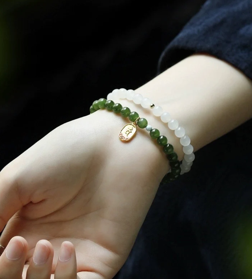 [Wood] Green Forest Jade Gemstone beads Stretchy Bracelet with Wealth Attraction Charm