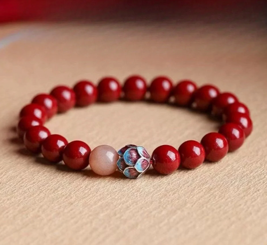 Red Fire Element Gemstone Beaded Bracelet with Zen Lotus Charm