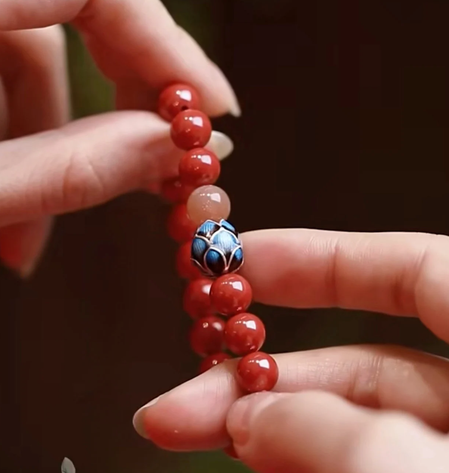 Red Fire Element Gemstone Beaded Bracelet with Zen Lotus Charm