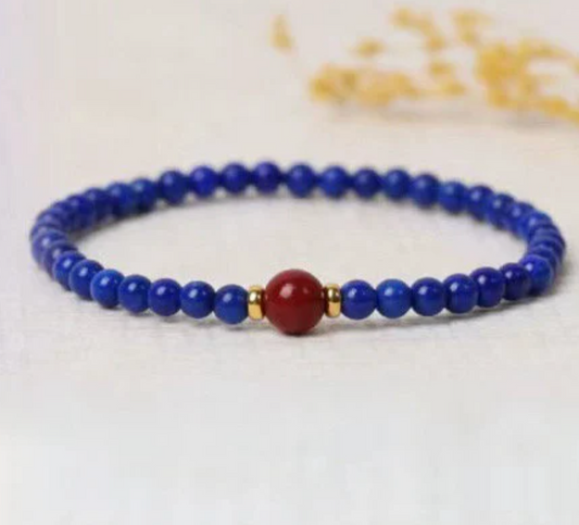 Minimalist Lapis Lazuli Cinnabar beaded Gemstone Stretchy Bracelet