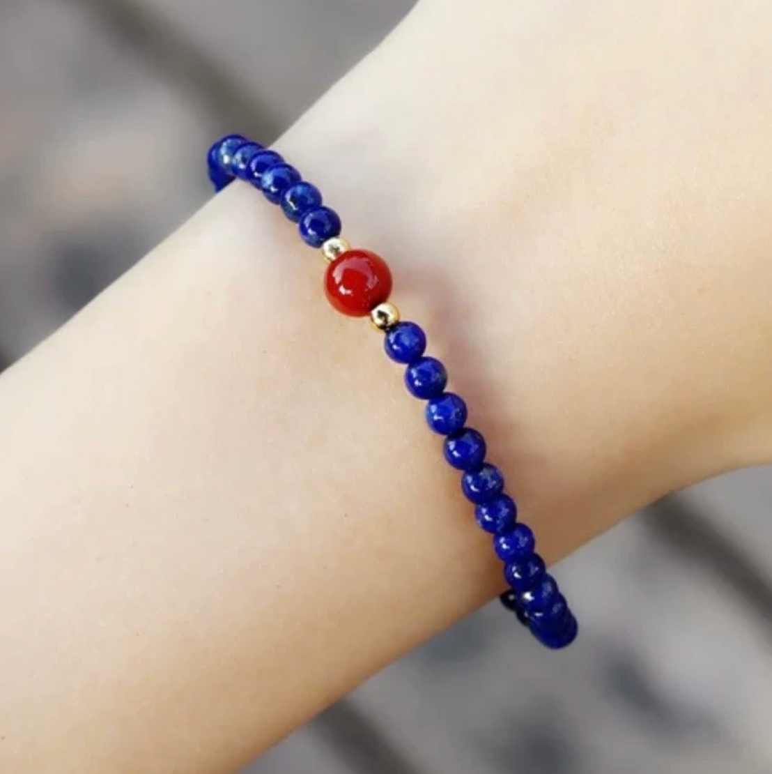 [Water] Minimalist Lapis Lazuli Cinnabar beaded Gemstone Stretchy Bracelet