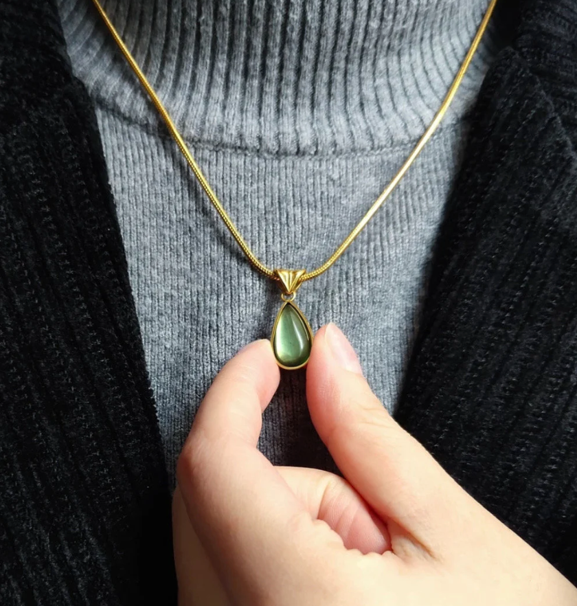 [Wood] Gold 14K Gold Natural Jade Pendant Necklace | Dainty Gold Fine Jewelry