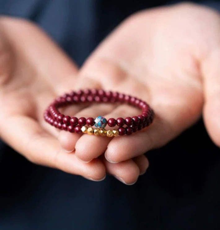 Graded AAA+ Tibetan Cinnabar Peace Buckle Double Wrap Blessing  Mala Bracelet