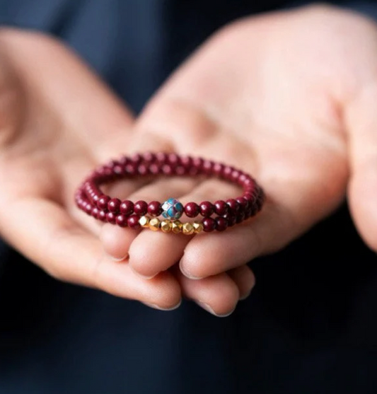 Graded AAA+ Tibetan Cinnabar Peace Buckle Double Wrap Blessing  Mala Bracelet