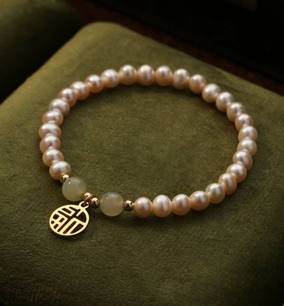 Simple Pearl Layering Stretchy Bracelet with Good Fortune Charm and Jade beads