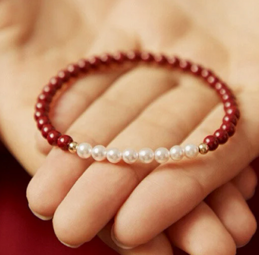 Fire Cinnabar Pearls Dainty Gemstone Stretchy Bracelet